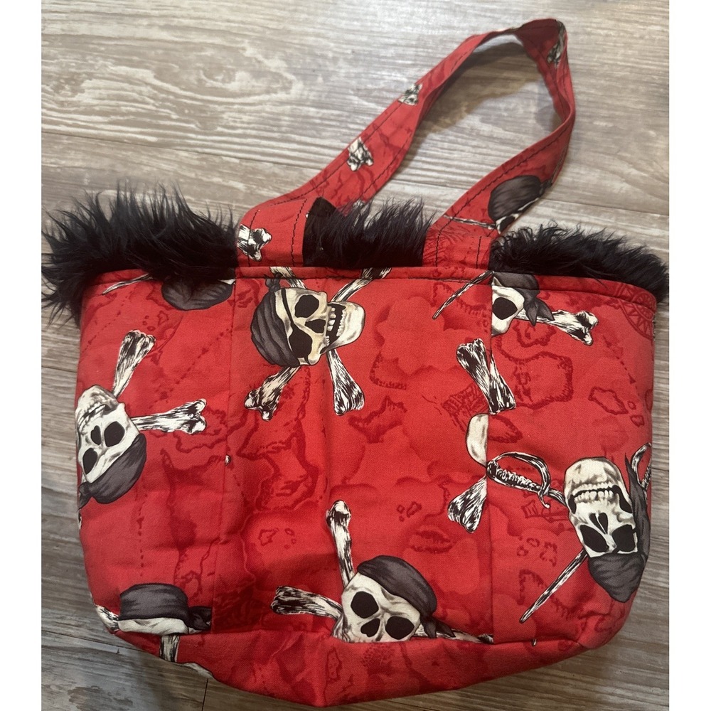 Vintage Y2K Goth Red Skulls and Black Faux Fur Reversible Mini Tote